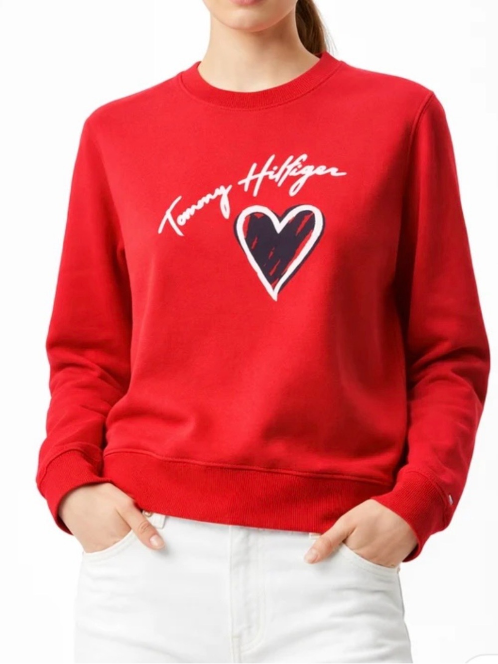 Tommy Hilfiger Red Crewneck Sweatshirt with Heart Graphic